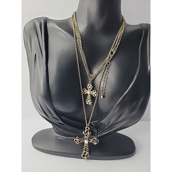 Vintage Necklace Chain Gold Tone Cross Pendant Crystal White Bead Jewelry - Picture 3 of 14